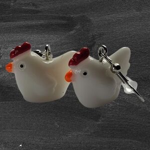 Charming White and Red Chicken Earrings